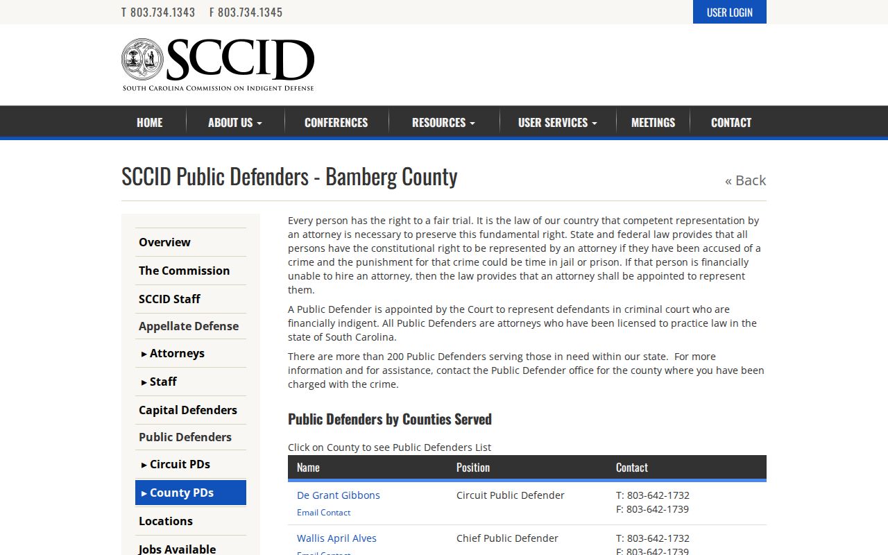Bamberg County criminal court cases public defender information