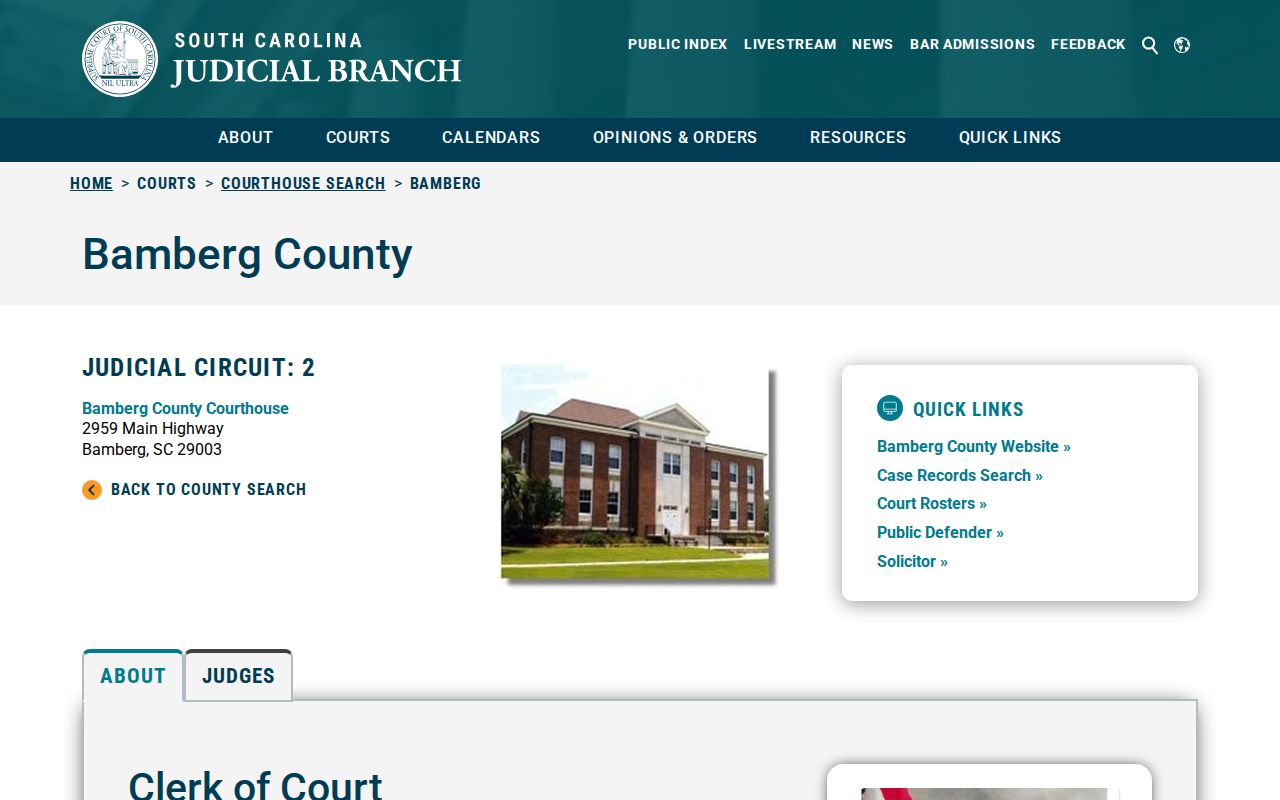 Bamberg County criminal history courthouse contact page