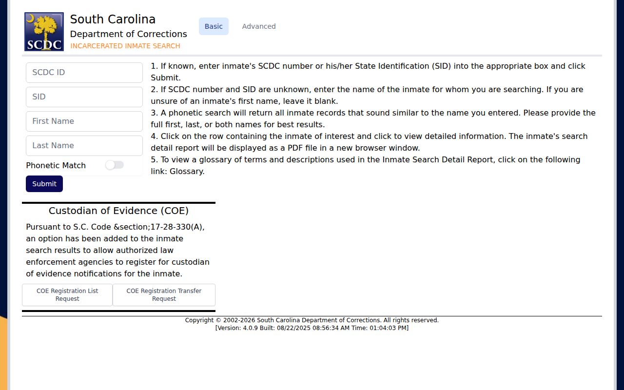 Bamberg County criminal history SCDC inmate search