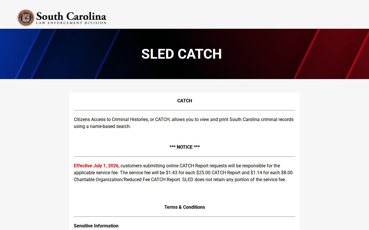 Bamberg County criminal history SLED CATCH search
