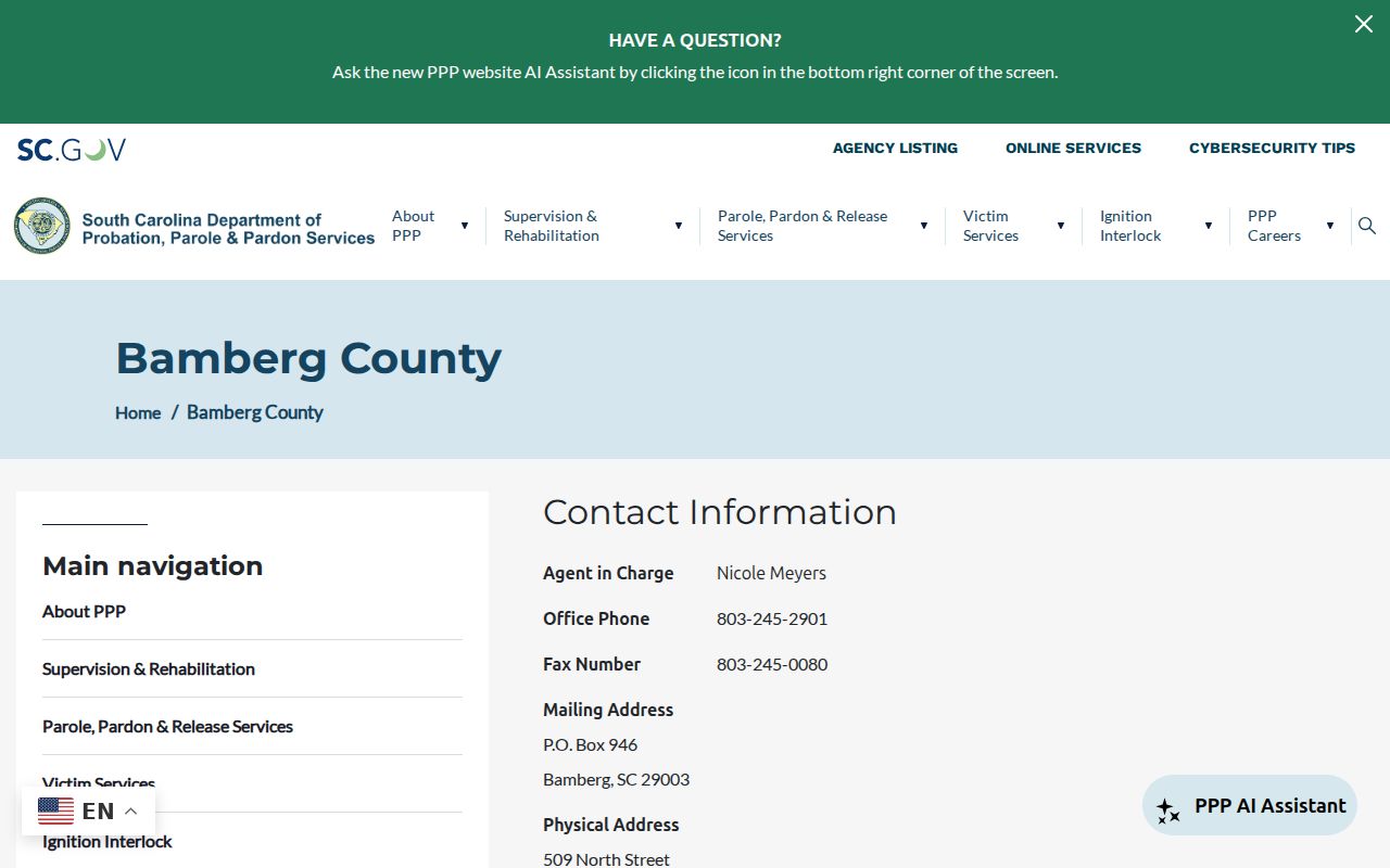 Bamberg County criminal record probation and parole office