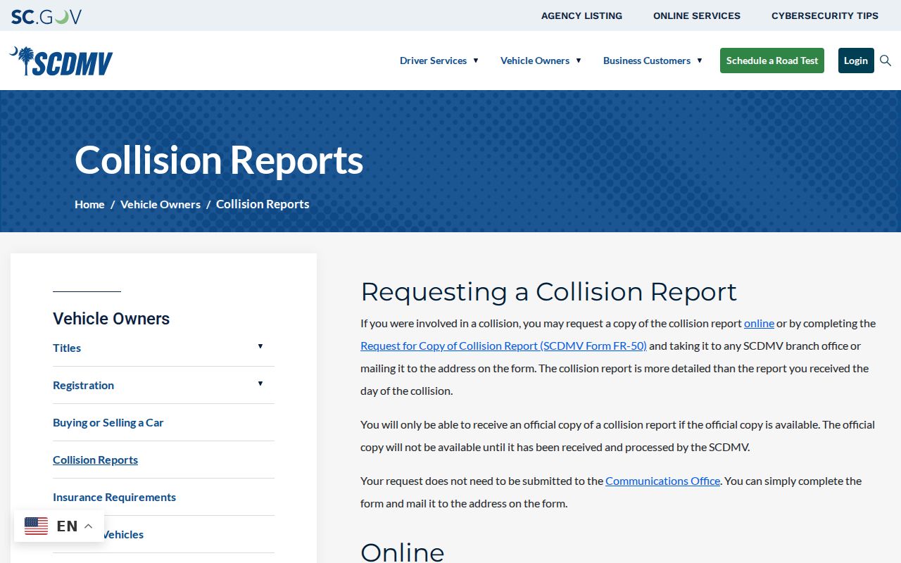 Bamberg County criminal record collision report request