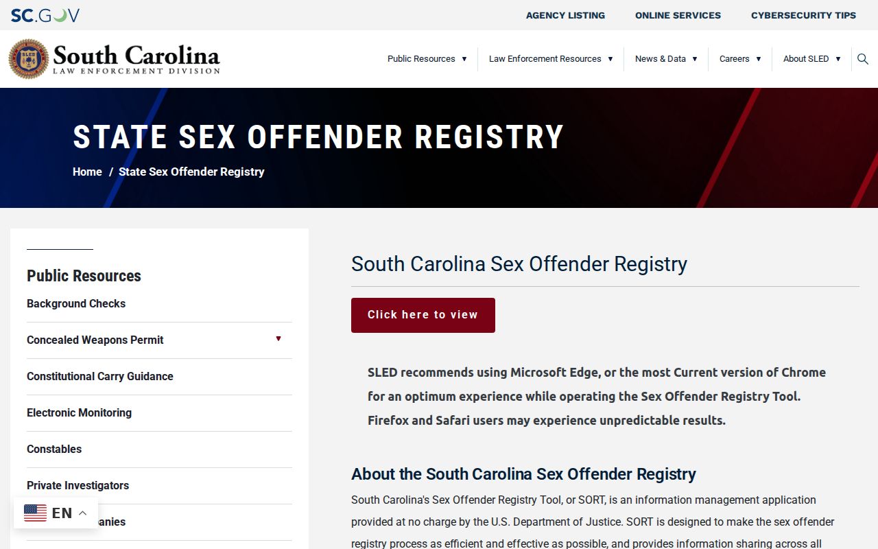 Bamberg County sex offender registry entry page from SLED