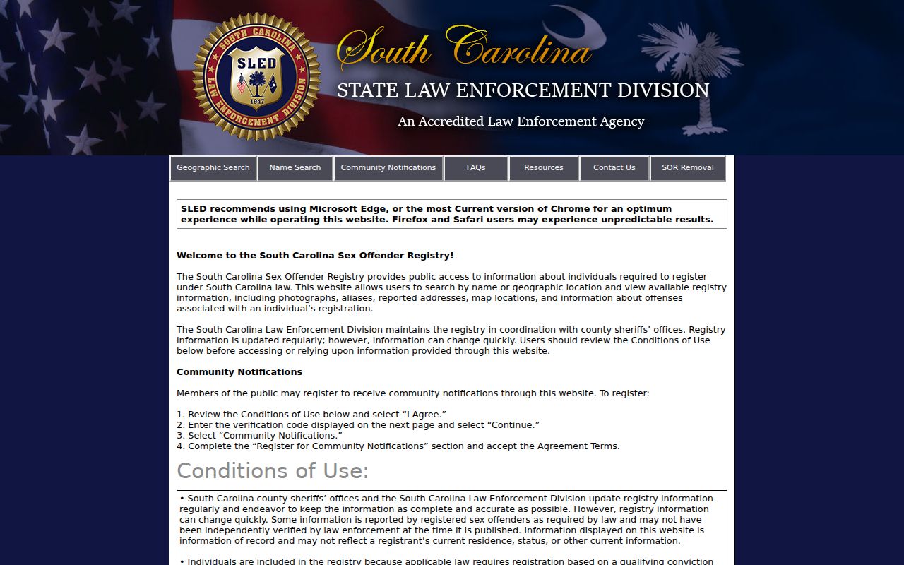 Bamberg County sex offender search interface in South Carolina SORT